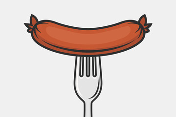 Vector Flat Sausage and Fork with Outline Closeup Isolated on a White Background. Cartoon Sausage Design Template, Outline Color Illustration