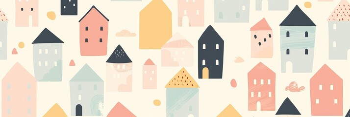Simple, abstract shapes of cute houses in pastel colors, arranged in a minimalist pattern