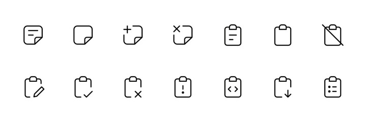 Clipboard Icons Collection. Simple Line Art Set of Notes, checkmarks, Tasks, file, folder, board and Document Management symbols. Editable vector illustration