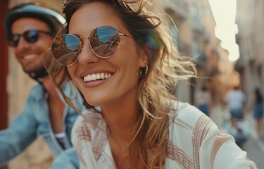 Happy Couple Riding Scooter Through Coastal Town at Sunset
