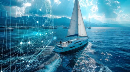 Sailboat sailing the sea overlaid with futuristic digital enhancements in a collage