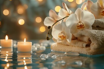 Table holding towels, candles, water, lights