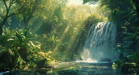 Fototapeta premium Lush Tropical Rainforest Waterfall With Sunlight Streaming Through Canopy