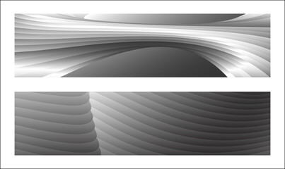 Monochrome cover design, abstract background. Wavy parallel gradient lines, ribbons, silk. Black and white banner, poster. eps vector. Set of 2 backgrounds.