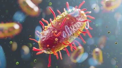 Fototapeta premium Close-up view of a bacterium cell with vibrant colors, showing its intricate structure and details, representing microbiology and science.
