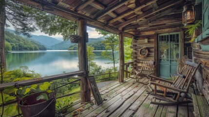 A quaint cabin by the lake, with a wooden porch and panoramic views of the serene waters and mountains