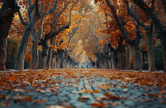 Autumnal Tree Lined Path With Fallen Leaves
