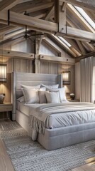 a large bedroom in an attic with a sloping roof and skylights. The interior design style is Scandinavian with white walls and a wooden floor.