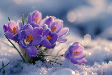 Sunny day with purple flowers under snow