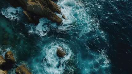 Fototapeta premium Aerial view of the ocean rocky shore