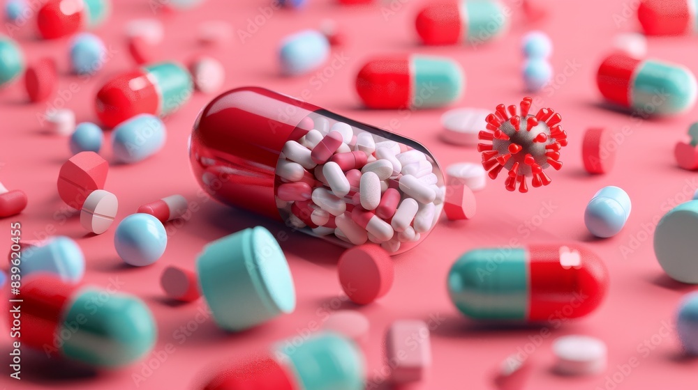 Wall mural colorful pills and capsules with a virus symbol on a red background, representing healthcare, medici