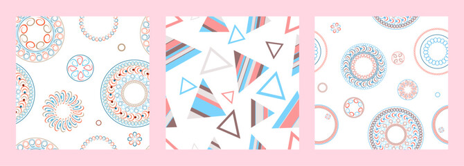 Seamless pattern of geometric shapes. Bright seamless pattern. Set of 3 patterns. Design for fabric, wallpaper, wrapping paper. Vector