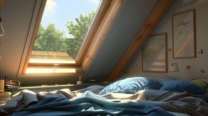 a large bedroom in an attic with a sloping roof and skylights. The interior design style is Scandinavian with white walls and a wooden floor.