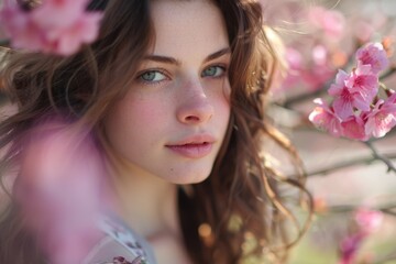 Naklejka premium Long-haired woman blue eyes standing tree