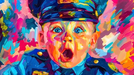 Whimsical Infant Police Officer Explores Colorful Pop Art Aesthetic in Mixed Media Painting