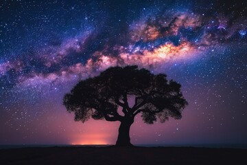 Naklejka premium One tree under bright light in starry night sky