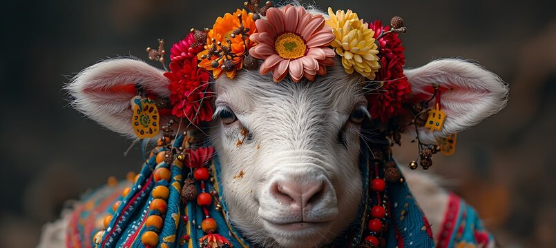 Closeup of lamb adorned with festive decorations for EidalAdha using Macro Photography and Dual ISO to highlight the intricate details and textures