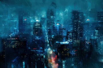 Fototapeta premium A vibrant Impressionist view of a nighttime cityscape, where buildings shimmer with a ghostly blue and grey glow.