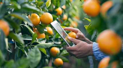 Farmer using a tablet to monitor ripe oranges growing on trees in an orchard, demonstrating modern technology in agriculture.