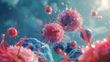 Microscopic view of colorful immune cells attacking virus cells in a detailed scientific illustration, representing cellular biology.