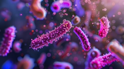 Fototapeta premium Microscopic view of colorful bacteria floating in a dark environment with vibrant light effects, showcasing their detailed structure.