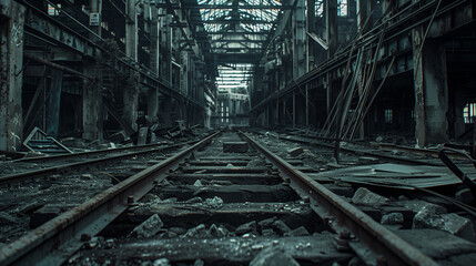 Obraz premium An abandoned industrial hall with destroyed railway tracks and burnt rubble, creating a dark, post-apocalyptic atmosphere and an image of the fall of civilization.