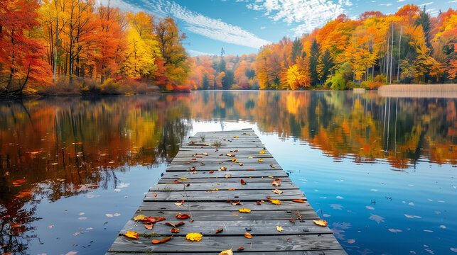 Vibrant fall foliage reflects on a serene lake surrounded by colorful trees, with a wooden dock stretching into the tranquil autumn scene.