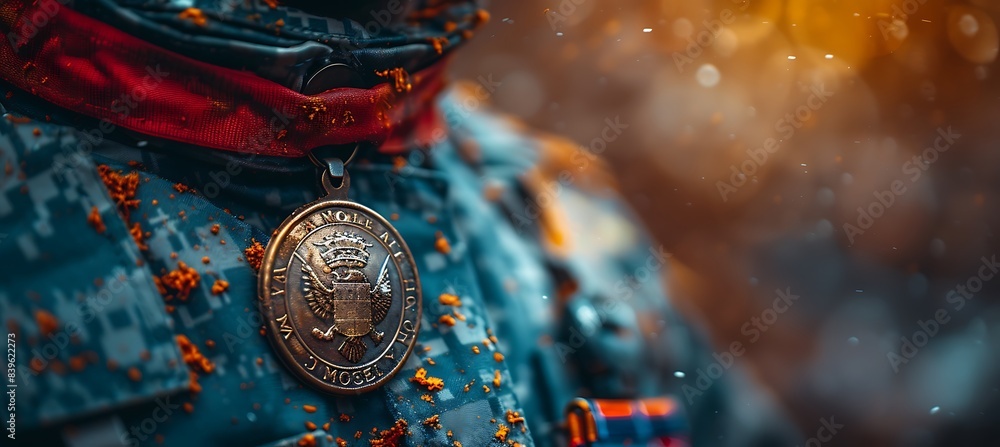 Poster closeup of medal of honor being pinned on a soldier's uniform during a memorial day event using macr