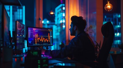 A stock market trader working late at night, monitoring global market movements and preparing for the next trading session