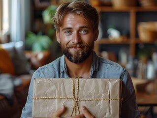 Excited Man Eagerly Unboxing Delivery Package in Modern Home Interior