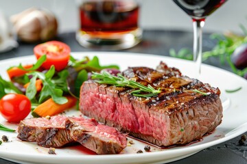 Juicy sliced ​​steak with vegetable salad and a glass of red wine. Food Photography