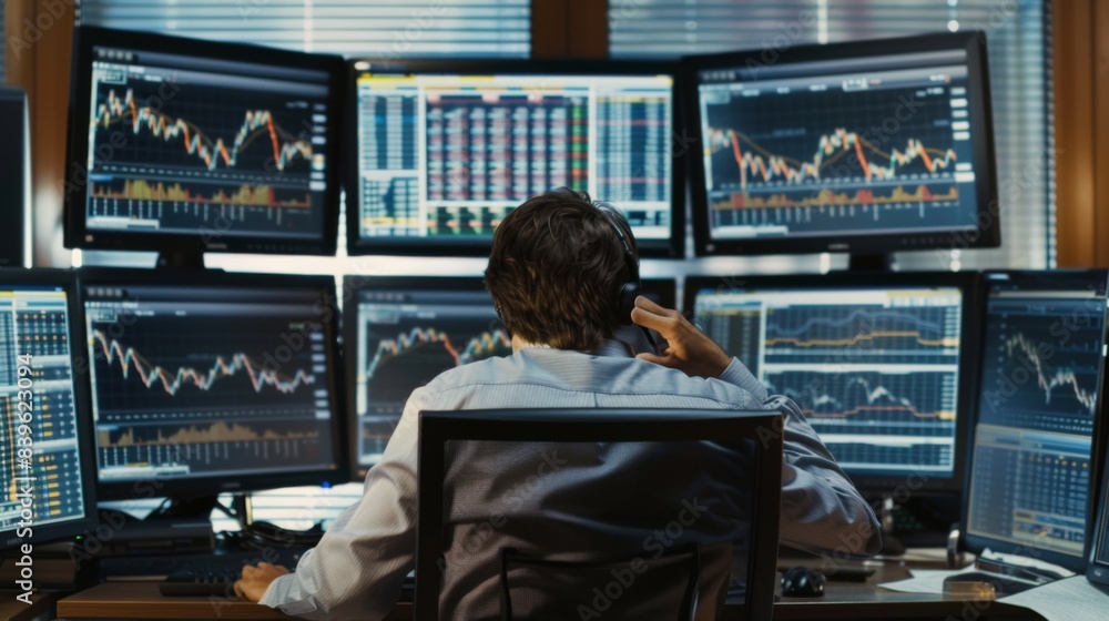 Fototapete A trader monitoring stock market movements on multiple computer screens, reacting swiftly to changes in share prices and indices