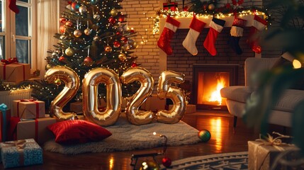 Postcard featuring 2025 symbols and numbers. Cozy Christmas living room with festive decorations and glowing 2025 sign. Generated AI.