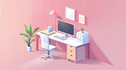 Minimalist isometric illustration of a modern home office with pink walls, a desk, a computer, and a plant.
