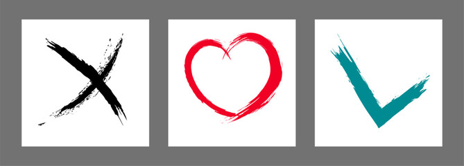 The cross, heart and OK symbol are hand-drawn with a brush. Prohibition, denial, error. Love. Approval, consent. Vector, set of 3 characters
