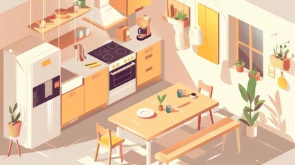Fototapeta premium Isometric illustration of a cozy kitchen with wooden furniture and plants.