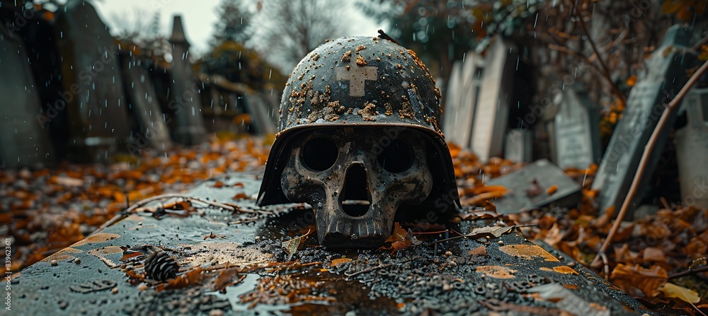 Poster closeup of single gravestone with a soldier's helmet resting on top using macro photography and dual