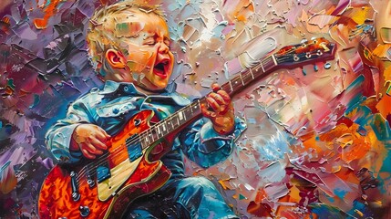 Surreal Pop Art Portrayal of Gifted Infant Guitarist in Captivating Musical Performance