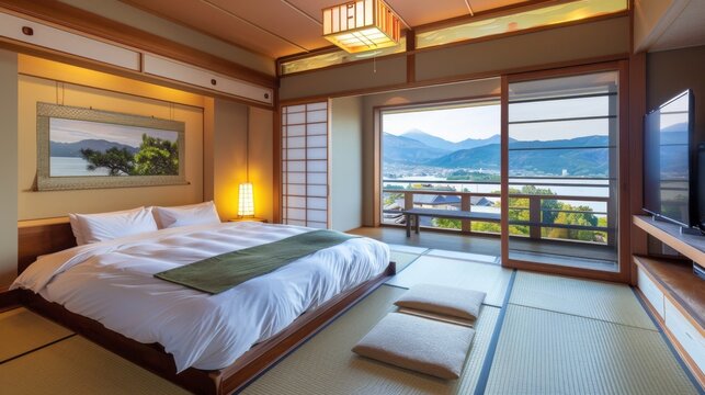 A traditional Japanese ryokan with tatami floors and sliding doors, offering a serene and authentic retreat