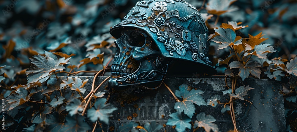 Poster closeup of single gravestone with a soldier's helmet resting on top using macro photography and dual