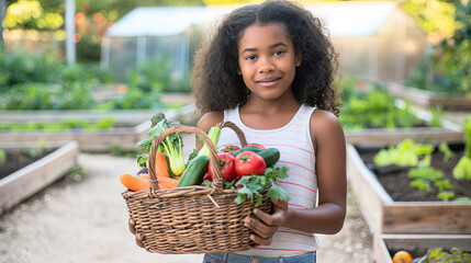 Young Girl Holding Fresh Vegetables in Community Garden