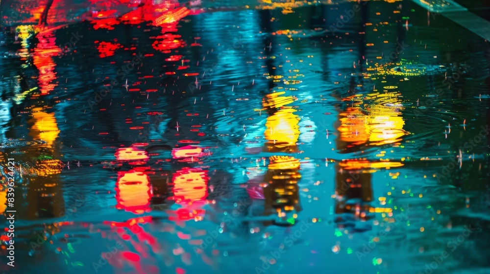 Poster a traffic light reflected in a rain-soaked street, with colorful reflections adding an artistic touc