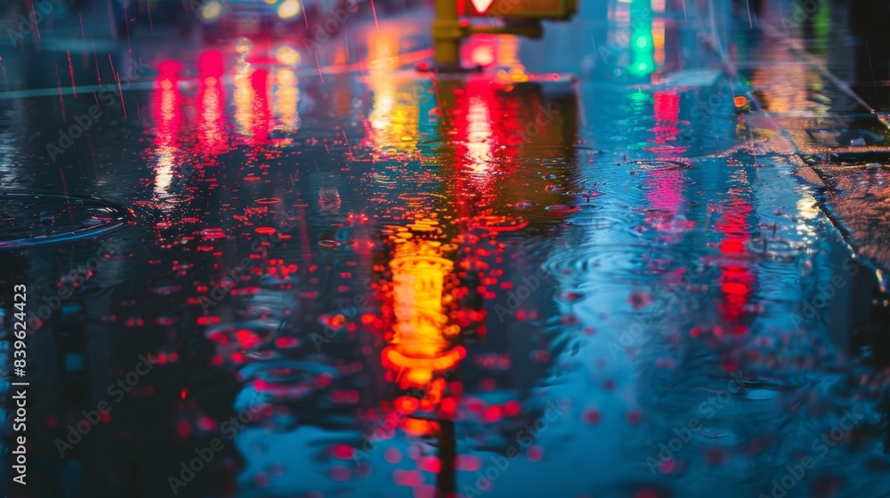 Poster a traffic light reflected in a rain-soaked street, with colorful reflections adding an artistic touc