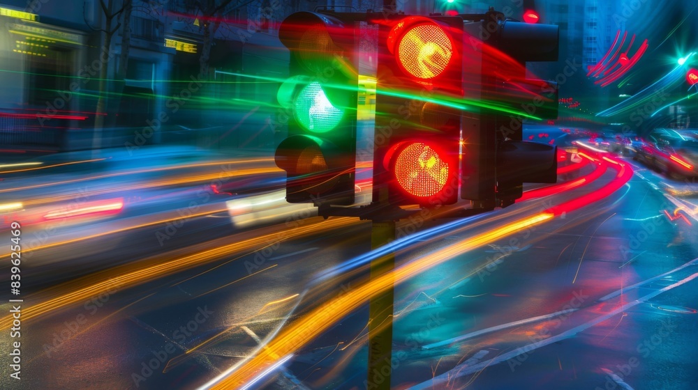 Poster a traffic signal changing from red to green, captured in motion with streaks of light as vehicles pa