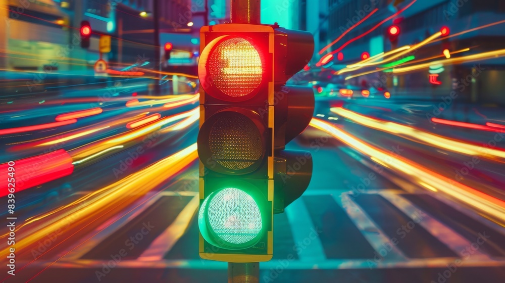 Aufkleber a traffic signal changing from red to green, captured in motion with streaks of light as vehicles pa