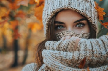 Woman Wearing Knitted Hat and Sweater in Fall