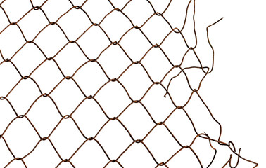 The texture of the metal mesh on a white background. Torn steel, metal mesh with holes
