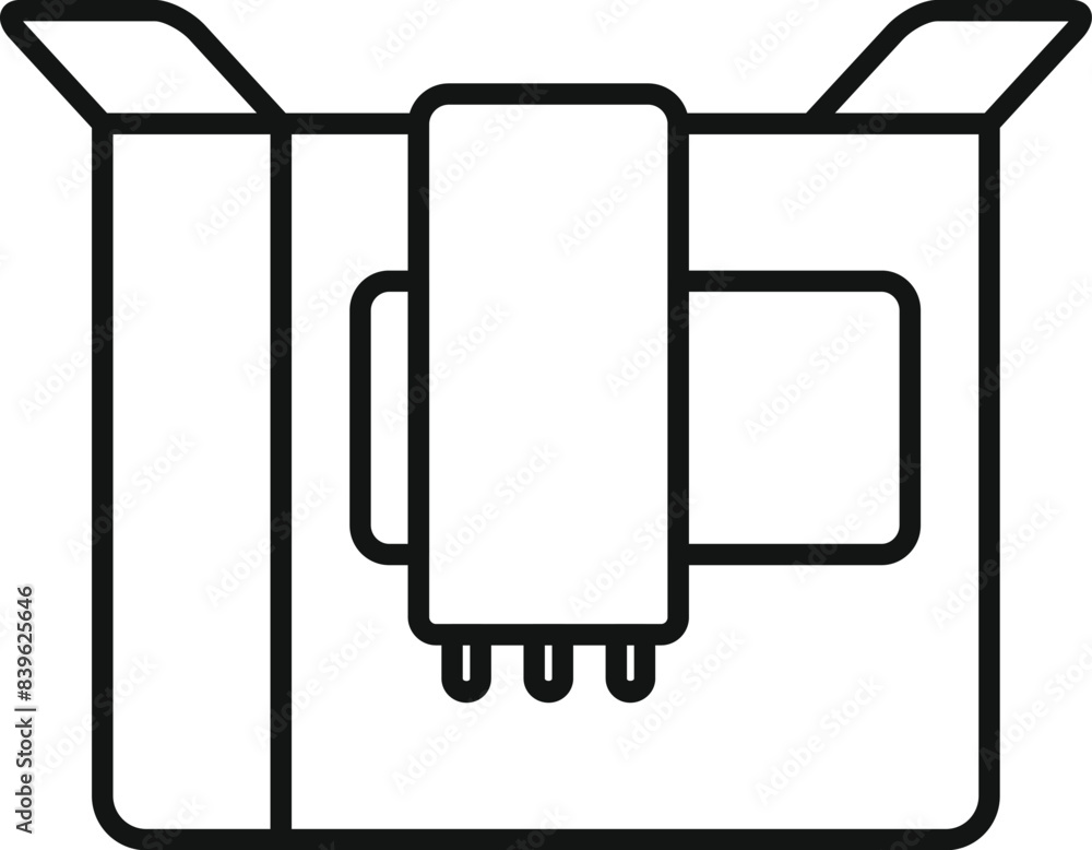 Poster line drawing featuring an opened box with an electronic device and wires spilling out