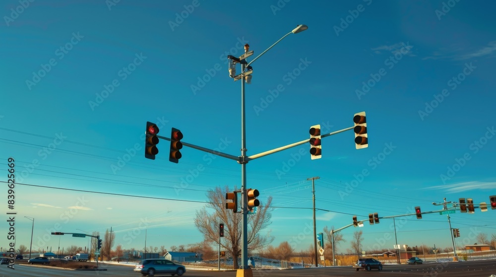 Poster a traffic signal pole with multiple lights, guiding vehicles through a busy intersection, with clear