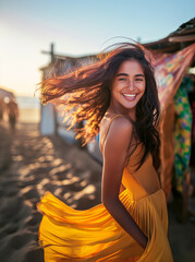 A joyful Turkish woman models a trendy summer maxi dress in Istanbul's bustling market. A vibrant tapestry of Turkish summer fashion unfolds.